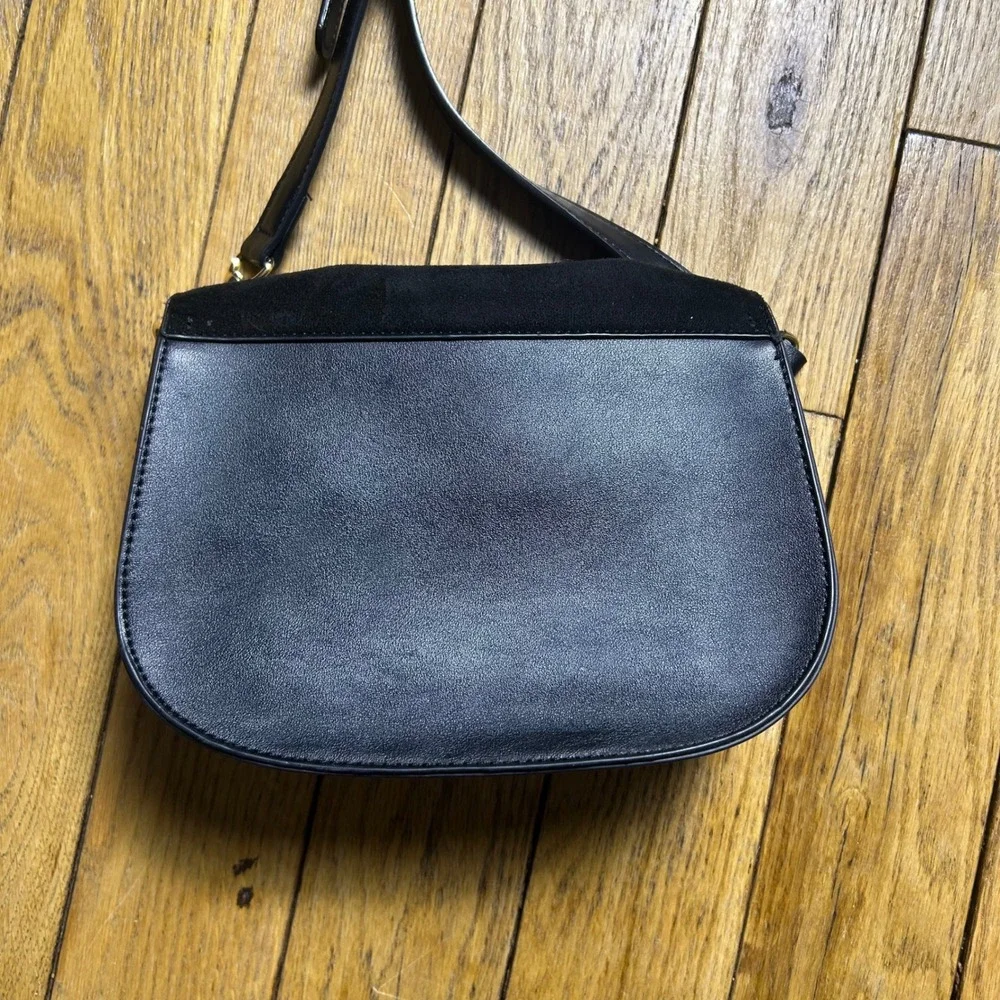 Black Faux Leather and Suede Crossbody Saddle Bag‎ with Gold Hardware